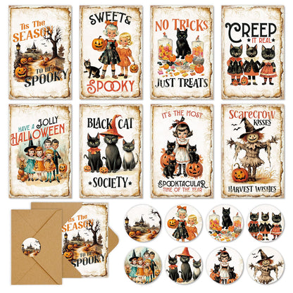 Whaline 40 Pack Vintage Halloween Greeting Cards with Envelopes Stickers Witch Black Cat Blank Note Cards for Trick or Treat Party Supplies, 4 x 6 Inch