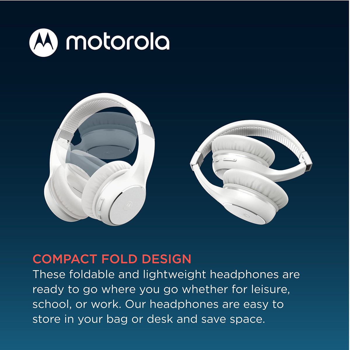 Motorola Sound Moto XT220 Bluetooth Wireless Headphones with Microphone, in-Line Control for Calls - Foldable Over-Ear Head Phones, Adjustable Headband, Dynamic Bass, Clear Sound - White