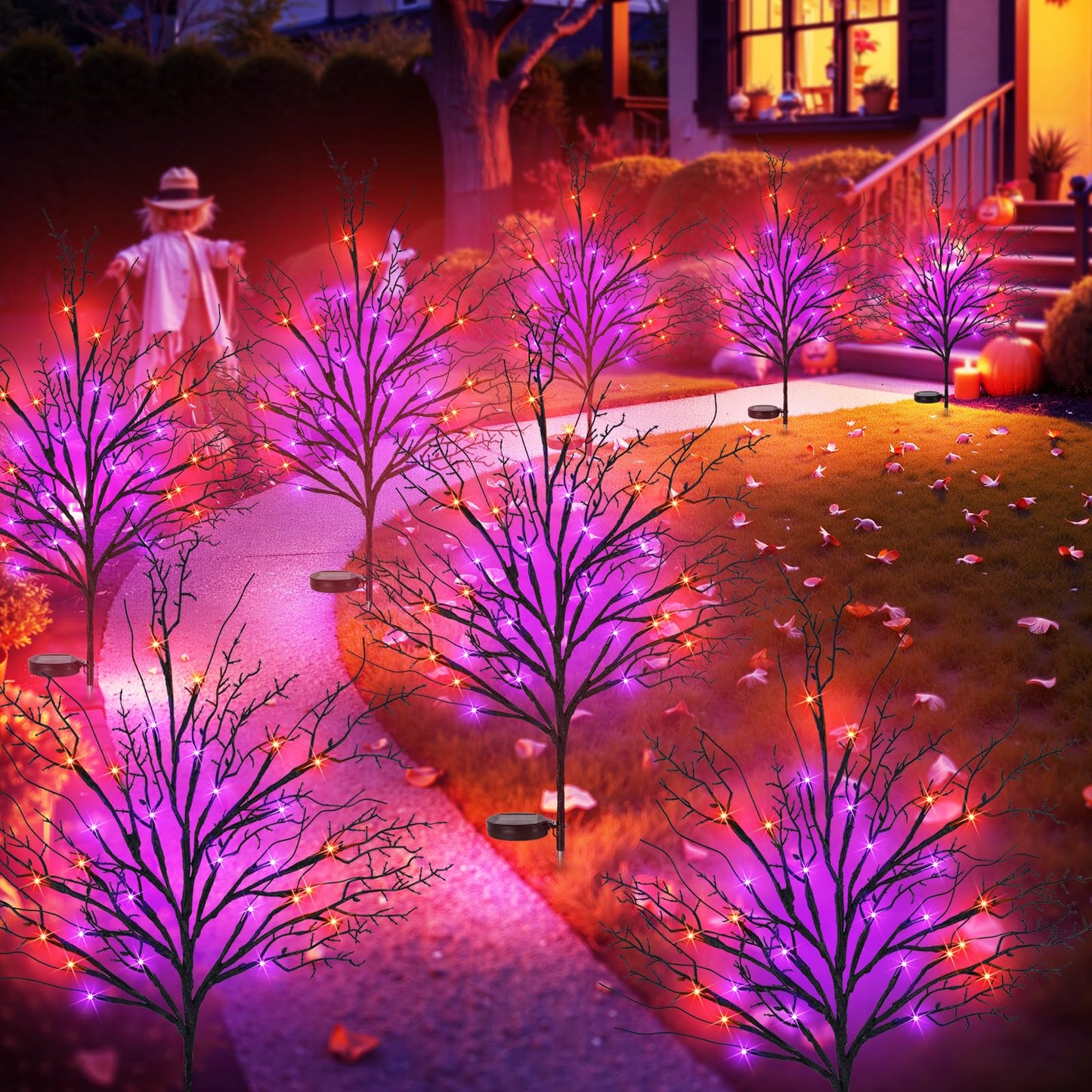 Halloween Solar Pathway Lights 4PCS, Halloween Outdoor Decorations, Artificial Tree Waterproof LED Lights for Lawn Yard Garden Driveway Porch Walkway, Auto On/Off