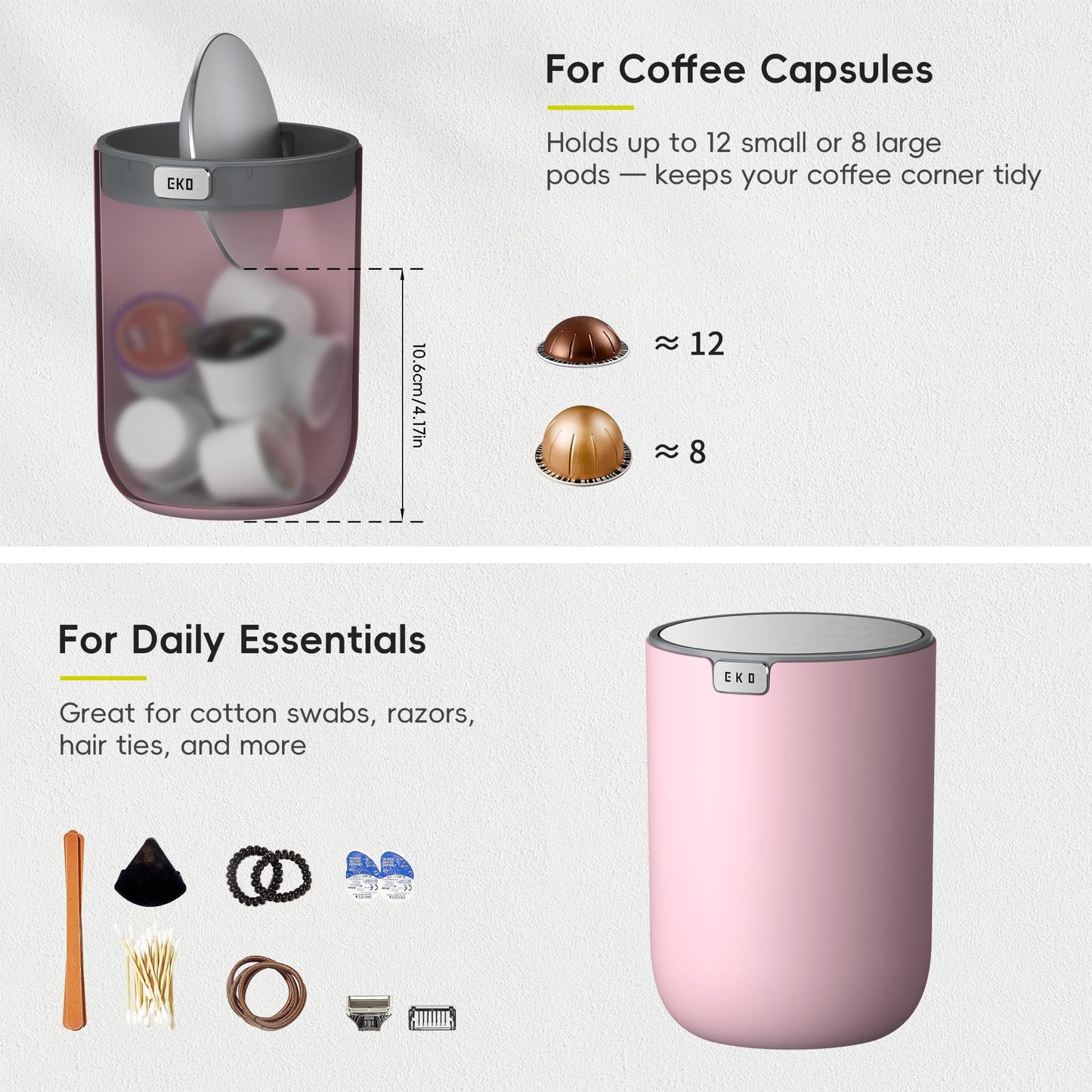 EKO Fandy 0.4 Gal/1.5L Mini Tabletop Trash Bin with Swing-Lid, Desktop Trash Can for Bathroom Countertop, Vanity, Coffee or Office, Small Garbage Bin (Pink)