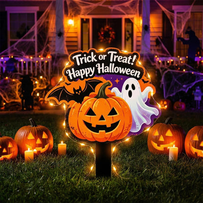 Bekecidi Halloween Metal Yard Sign, 15.7 x 11.8 Inches Trick or Treat Pumpkin Ghost Decor, Iron Lawn Stake with Straight Ground Insert for Outdoor Garden Decorations
