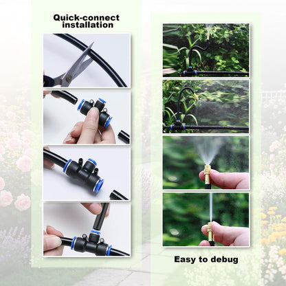 30FT 360° Mist Spray Drip Irrigation System - Garden Watering Kit with 10 Fine Mist Nozzles, Adjustable Atomizing Sprinkler for Greenhouse, Potted Plants, Raised Beds, Yard, 1/4 inch Hose
