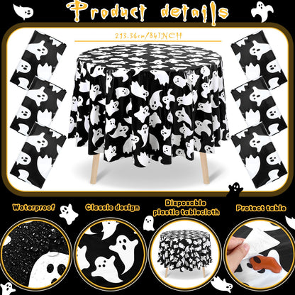 Ganeen 6 Pcs Halloween Plastic Tablecloths 84 Inch White Black Ghost Disposable Table Cover Plastic Round Ghost Spooky Tablecloths Decoration for Halloween Baby Shower Party Supplies