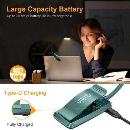 Gritin 9 LED Rechargeable Book Light for Reading in Bed - Eye Caring 3 Color Temperatures,Stepless Dimming Brightness,80 Hrs Runtime Small Lightweight Clip On Book Reading Light for Studying