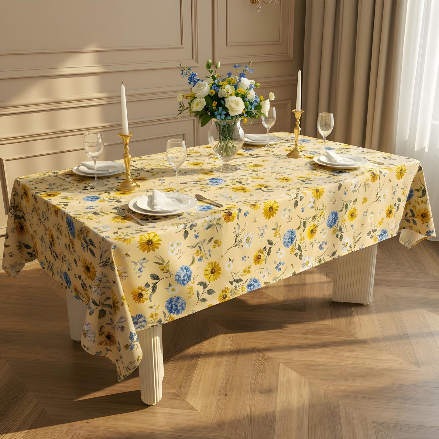 LOSIVISHE Spring Floral Tablecloth Waterproof Yellow Table Cover with Sunflowers, Hydrangeas & Daisies – Waterproof Fabric Table Cloth for Dining Room, Kitchen, Party & Outdoor Decor, W60 x L102 in