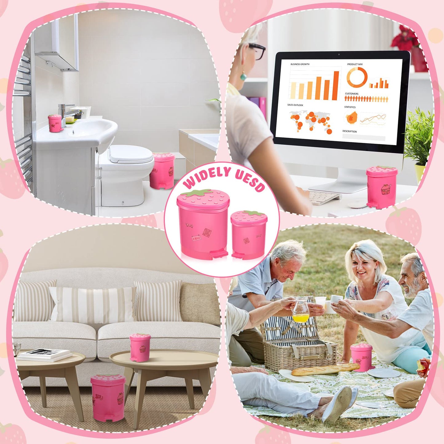 Tessco for you 2 Pieces Strawberry Desk Trash Can Cute Mini Countertop Trash Can with Lid Kawaii Small Garbage Plastic Waste Bin with Sticker for Car Office Home Bedroom Bathroom Kitchen Decor(Pink)
