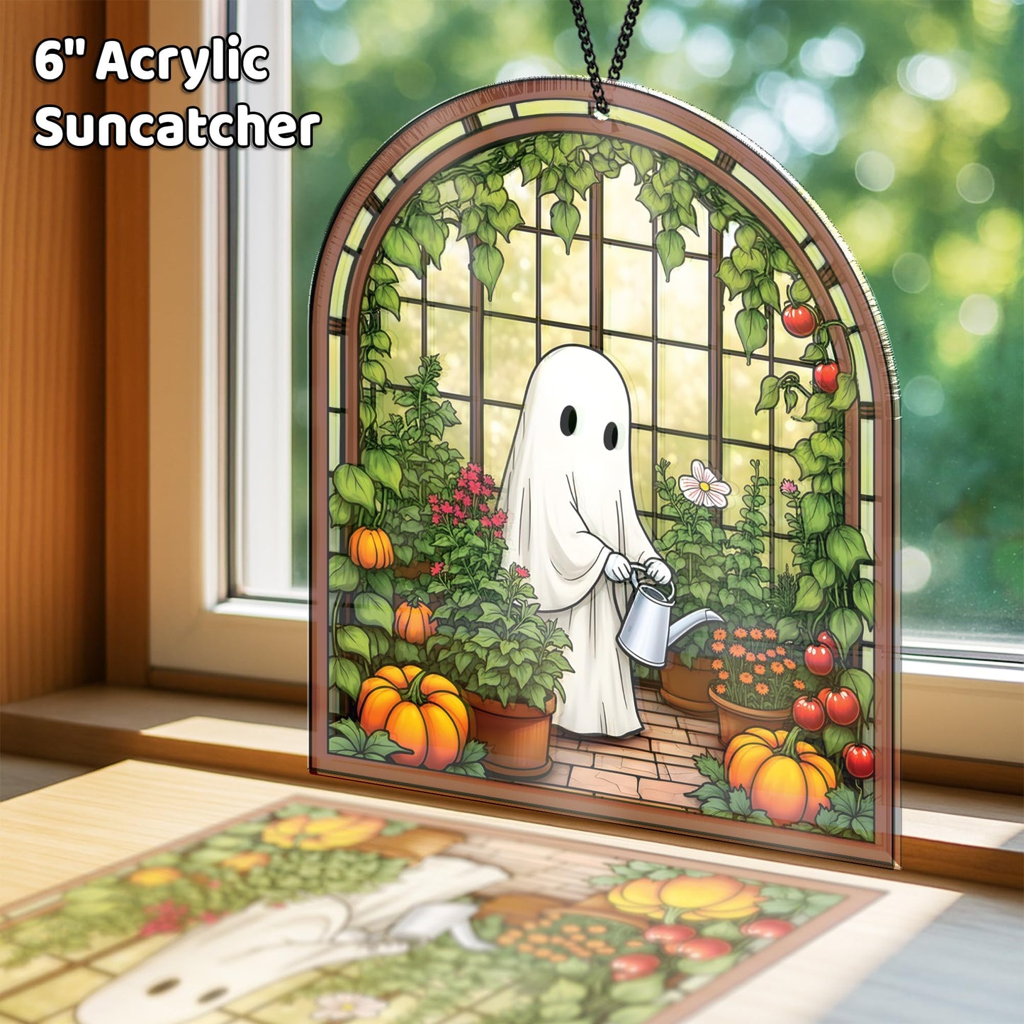 2 Cute Halloween Decoration Suncatchers, 6" Spooky Cute Ghost Plant Window Hangings, Ghost with Black Cat Greenhouse, Pumpkin Ornaments Home Garden, Gifts for Mom, Plant Lovers, Women, Girl SS358