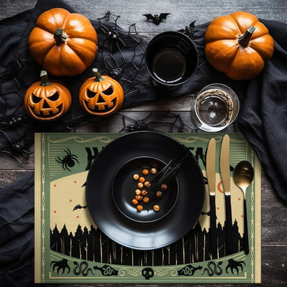 Breling 7 Pcs Halloween Placemats with Runner 12"x18" Terror Forest Gothic Bat Placemats Washable Rectangle Skull Table Mats for Halloween Kitchen Dining Table Home Accessories (Scary)