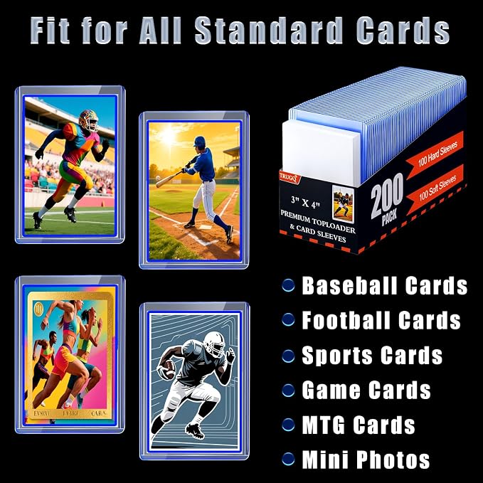 400 Card Sleeves Toploads for Cards,3" x 4" Baseball Card Protectors,Premium Standard Size Trading Hard Plastic Card Holder for Sports Football Cards(200 Hard Protectors +200 Soft Sleeves)