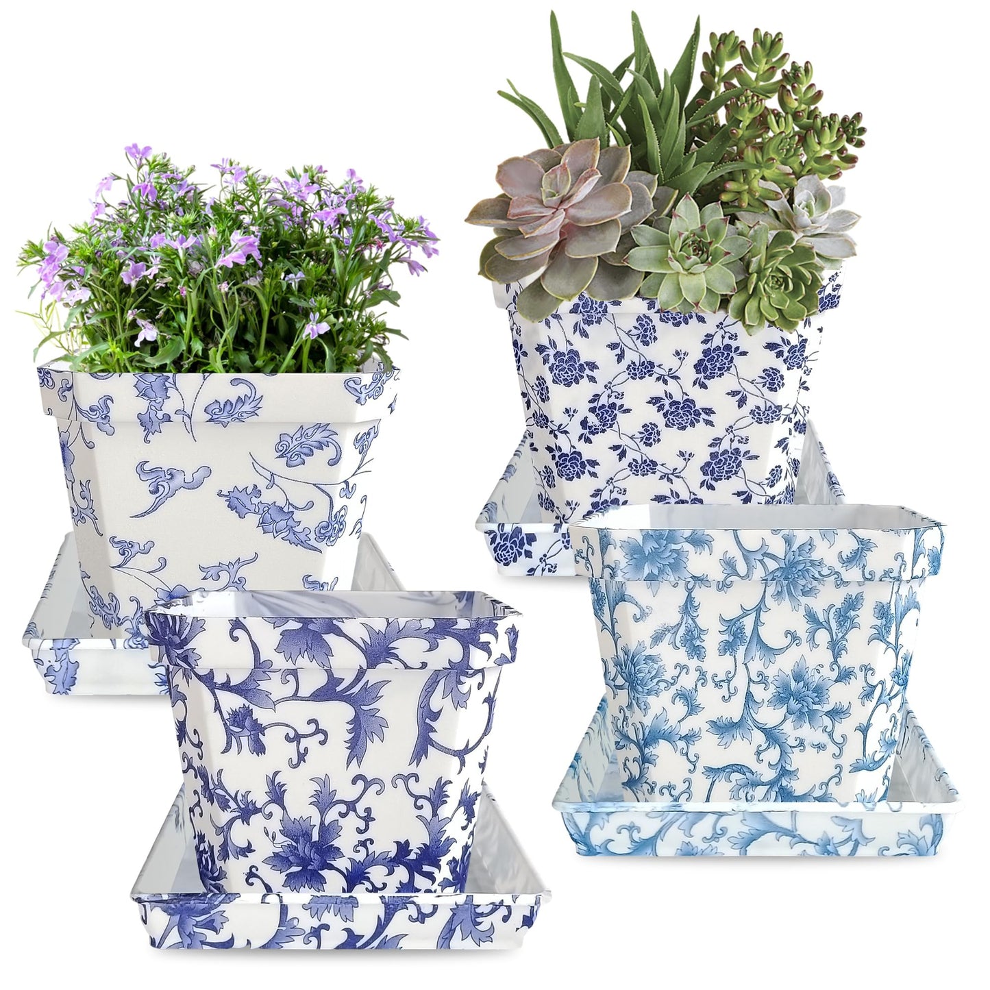SEUCRWAX 4 Inch Plant Pots Square Plastic Decoration,Flower Pots Retro Design,Flower Pot with Drain Hole and Tray,for Outdoor Indoor Garden Valentine's Day Plants (Blue and White,4pcs)