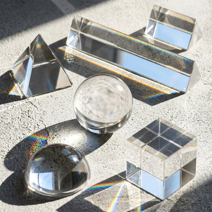 6 Pack K9 Optical Crystal Photography Prism Set Include 50mm and 150mm Clear Triangular Prism 50mm Lens Ball, Cube,Optical Pyramid and 60mm Dome Magnifying for Photography Effects Physics Optics