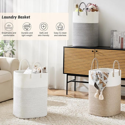 Laundry Basket,Woven Cotton Rope Laundry Hamper,Versatile Storage for Dirty Clothes,Baby Toys,and Blankets in Bathroom, Nursery,and Living Room (Brown, 60L)