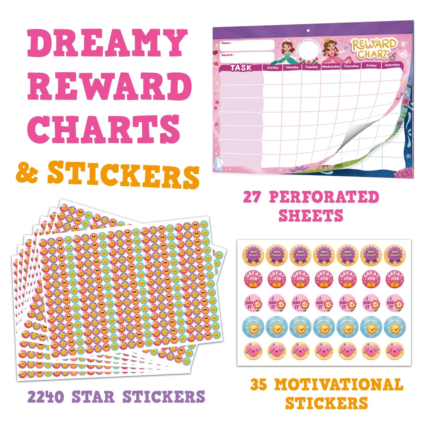 Gooji Princess Reward Chart for Kids - Motivational Chore Chart for Kids, Behavior Chart for Kids at Home, Sticker Chart - Perfect for Encouraging Good Habits, Learning, and Responsibility