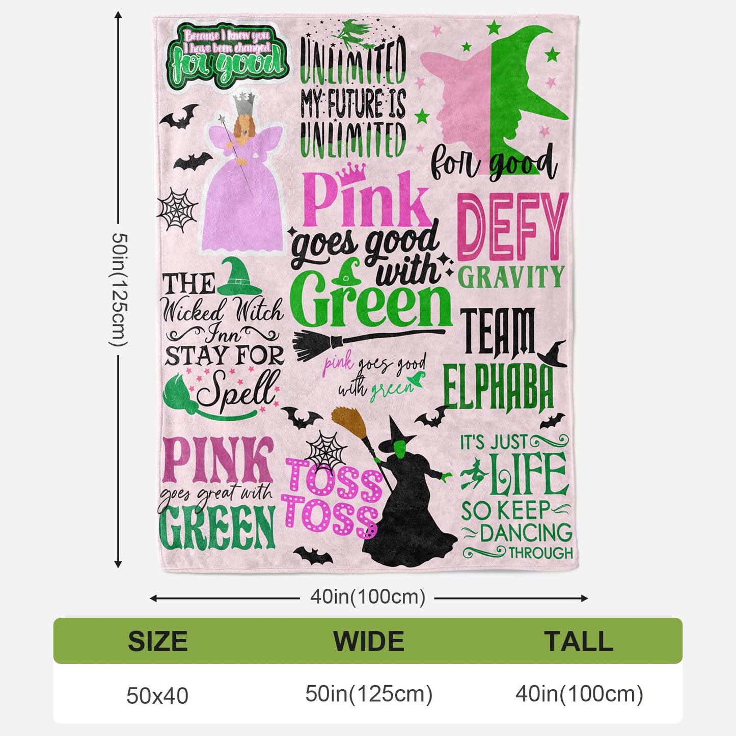 50'' x 40'' Elphaba Hat Glinda Witch Pink Flannel Blanket, Magic Movie Land Blanket, Evil Gift Queen Throw Broom, All Seasons Warm Cozy Soft Blanket for Sofa Chair Bed Halloween Women Fans 3
