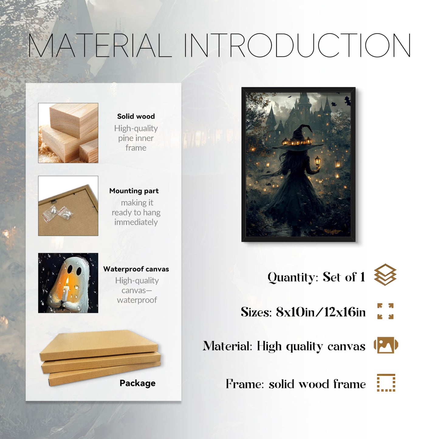 Dark Gothic Halloween Witch Canvas Wall Art, Witch Holding Lantern in Misty Forest Print, Mysterious Halloween Artwork, Whimsical Wall Decor for Living Room Bedroom Hallway, 8x10in, Black Frame