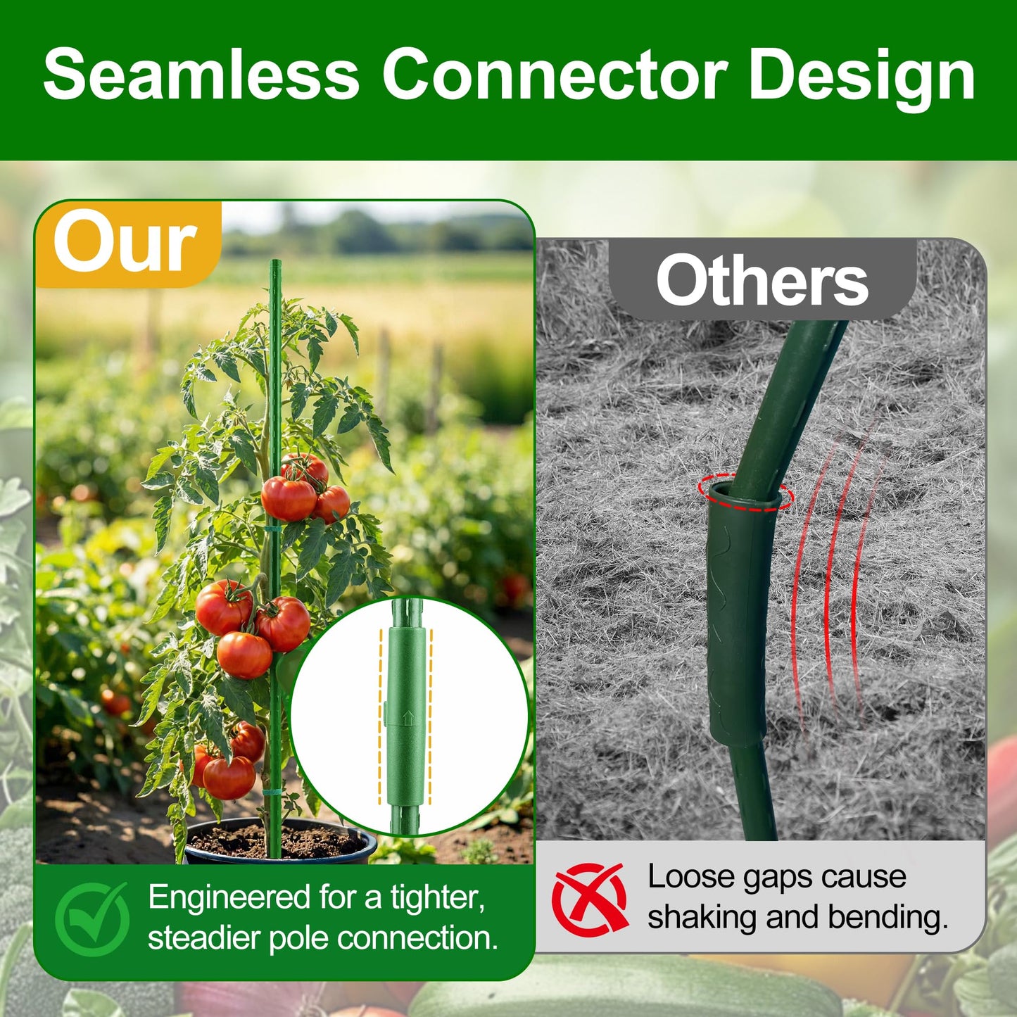 WAENLIR Garden Stakes16 Inch 72 Pack, Tomato cage DIY 4ft 5ft 6ft 7ft 8ft Plant Support Stakes with Connectors and Clips, Plastic Coated Metal Sticks for Tomato Indoor Outdoor