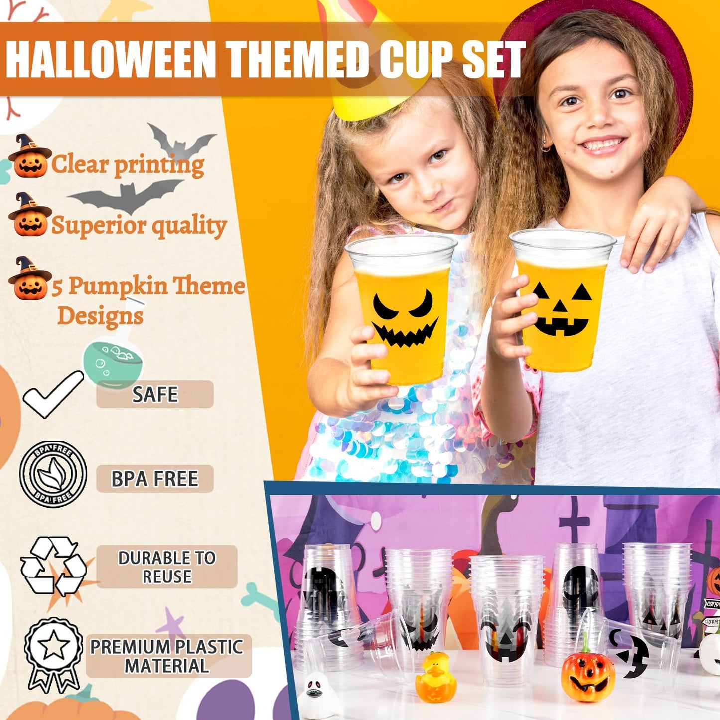 CUPLOOV 100 Pack Halloween Plastic Cups Clear 12Oz Disposable Pumpkin Cups With 5 Styles Patterns for Kids Adults Party Favors, Coffee, Wine, Hot and Cold Drinks