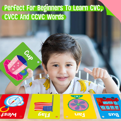 52 PCS Word Flashcards, 52 CVC Words & 52 CVCC, CCVC Words Double-Sided Cards with 2 Rings, Vocabulary Phonics Learning, Educational Tool for Preschool, Kindergarten, Toddlers