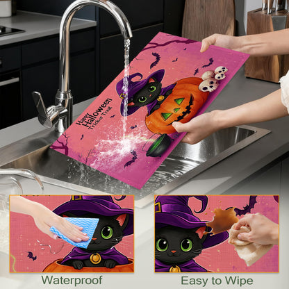 Black Cat Table Placemats Set of 6,Non-Slip Halloween Pumpkin Fabric Placemats for Dining Room Kitchen Party Holiday, Indoor Cloth Table Mats for Home Decor 11.8x17.7 Inch