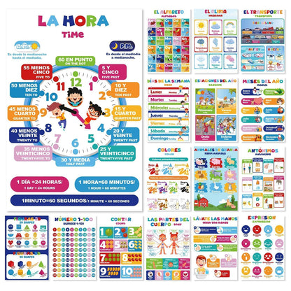 EggSun 16 Pcs Bilingual Learning Posters for School Classroom Decorations, 11 x 16in Poster Charts for Teachers Primary Middle High School Supplies Education Classroom Bulletin Board Wall Decor