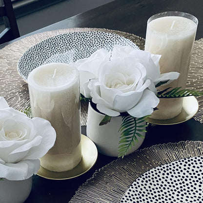 KEILEOHO 6 Pack Gold Candle Holders, 4.5 Inch Gold Iron Plate Candle Holder, Decorative Pillar Candle Plate Stand for Wedding Christmas Pillar Candles, Incense Cones, Wax Candles
