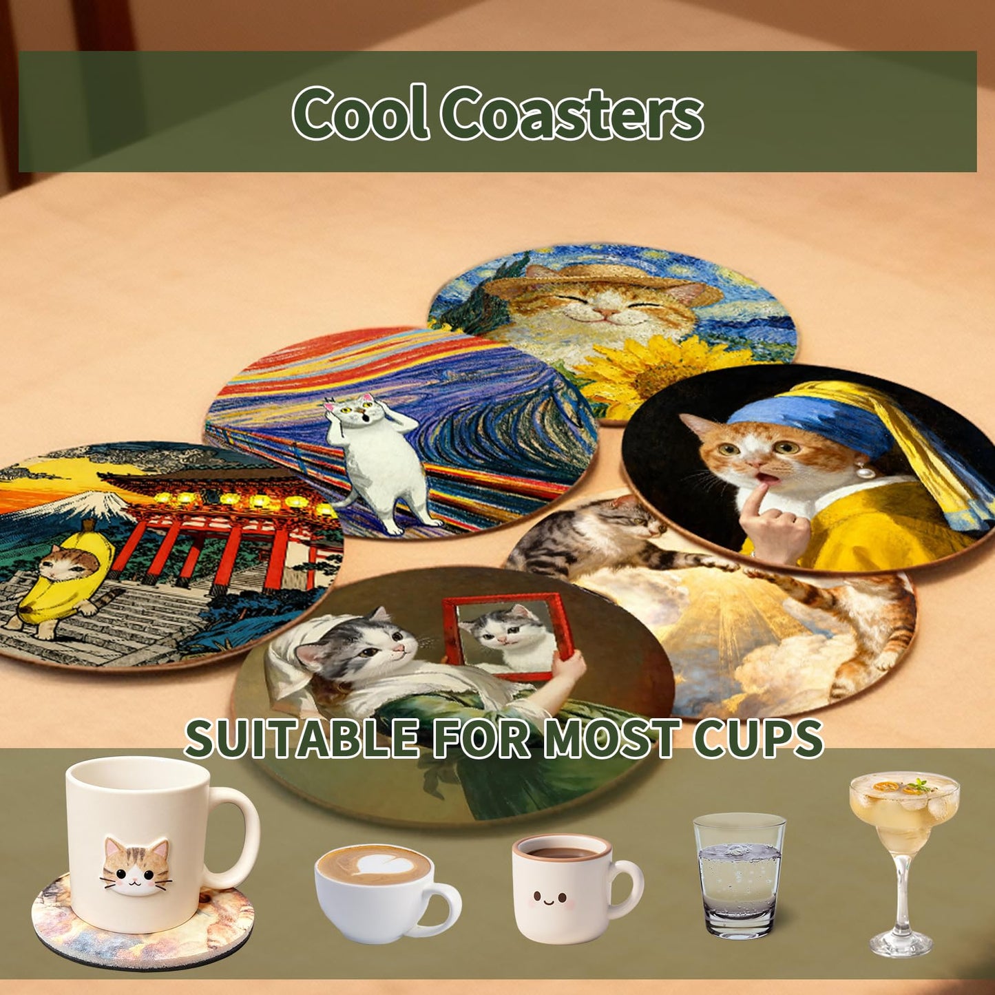 TBWHL Funny Coasters Set of 6, Fun Cat Drink Coasters, Absorbent Drink Anime Cat Coasters, Non Slip Cute Coasters for Desk, Coffee Table, Dining Room Decor