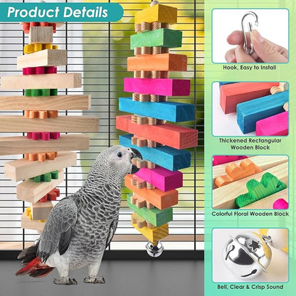 DBNESS 16.54in Extra Large Bird Toys for Parrot, 2 Pcs Colorful Natural Wood Block Chew Tearing Toy with Bell for Macaws, African Greys, Amazon Parrots, Eclectus, Cockatoo