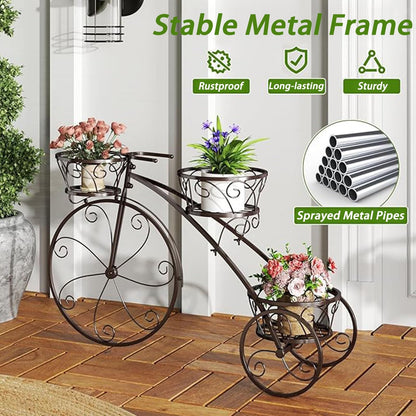 Planter Potted Holder Tricycle Plant Stand, Parisian Style Flower Display Stand Cart,3-Tier Metal Plant Stand Bicycle Flower Pot Cart with Hollowed Baskets for Patio,Garden,Deck,Lawn(Black)