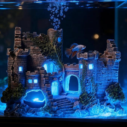 Aquarium Resin Castle Decoration, Air Bubbler Stone Cave Hideout House for Betta Fish, Shrimp & Turtles, Fish Tank Ornament Accessories for Breeding, Playing & Resting ，Decorative Bubbling Castle