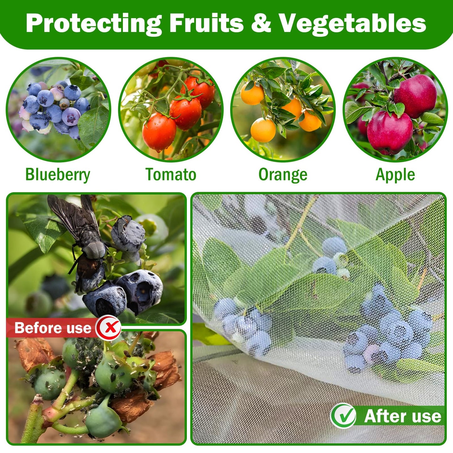 2 PCS Large Fruits Tree Netting Cover for Garden 10 x 10 ft Garden Insect Bird Barrier Plant Netting for Tomato Blueberry Bush Netting Covers Deer Cicada Netting Cover Bag with Drawstring
