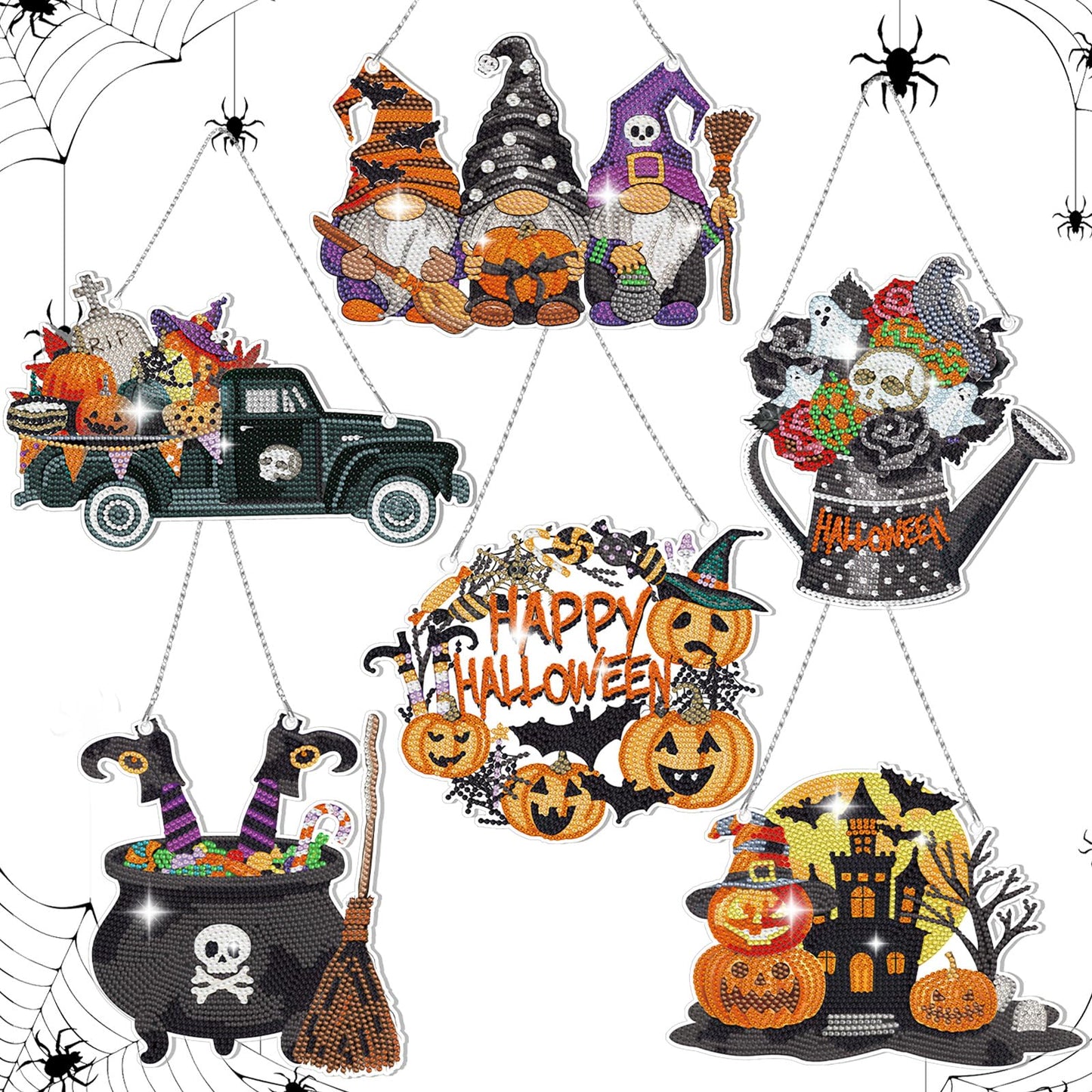 Chitidr 6 Pcs Halloween Diamond Painting Hanging Sign Set Witch Pumpkin Gnome Diamond Art Paint Arts Set 5D DIY Ornaments Kits for Halloween Wall Door Window Decor