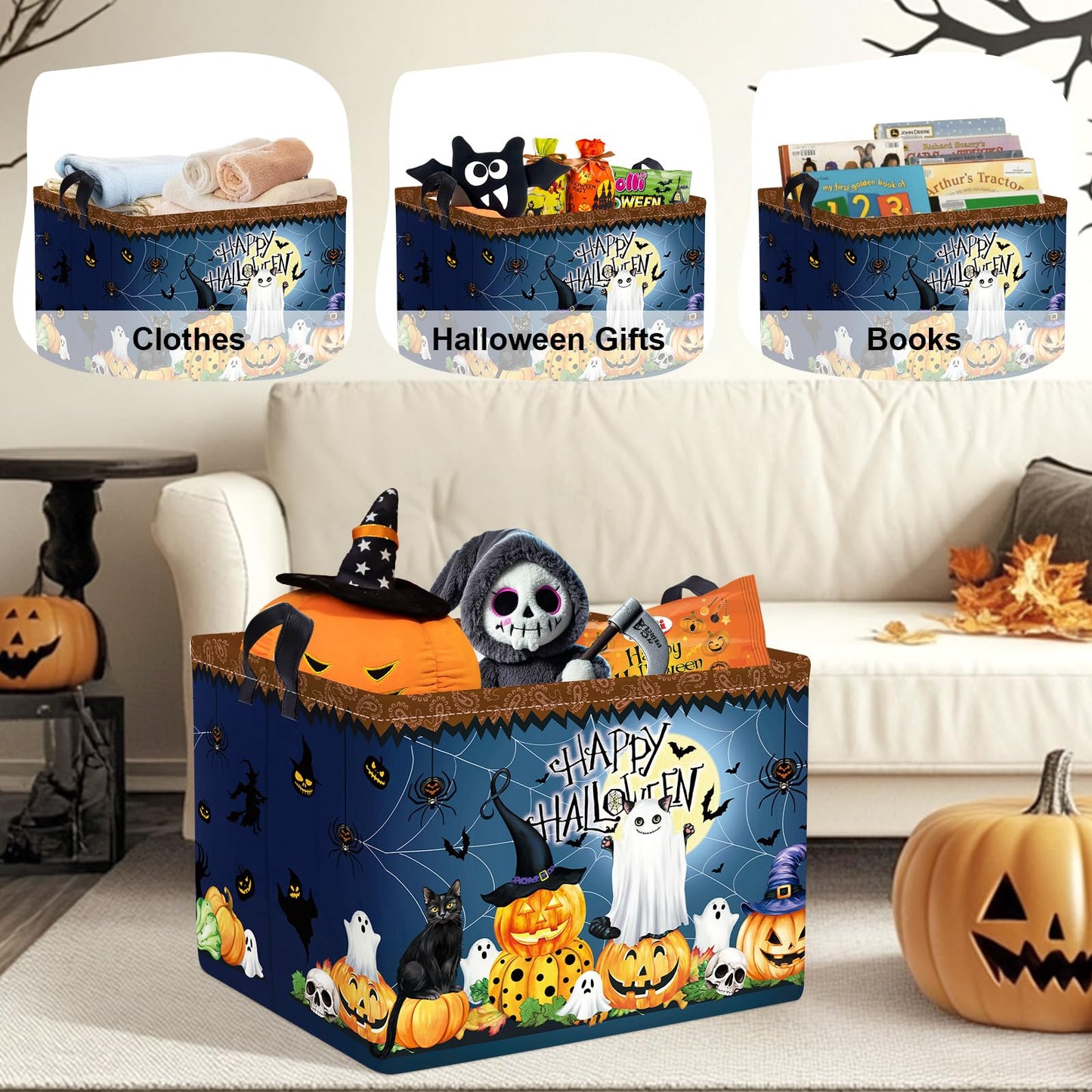 HUUMONSS Halloween Baby Storage Basket Ghost Bat Pumpkin Collapsible Clothes Kids Laundry Hamper Large Boys Girls Gift Toy Box Bin for Nursery Room,Hat Witch,40*30*30 cm