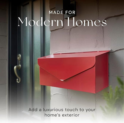 NACH Red Envelope Wall Mount Mailbox, Rust Resistant Metal Mailbox, Red Mailbox Wall Mount, Mailboxes for Outside Wall Mount, Outdoor Mailboxes, Wall Mailbox, 14.1 x 3.5 x 6 Inches, MB-6915RED