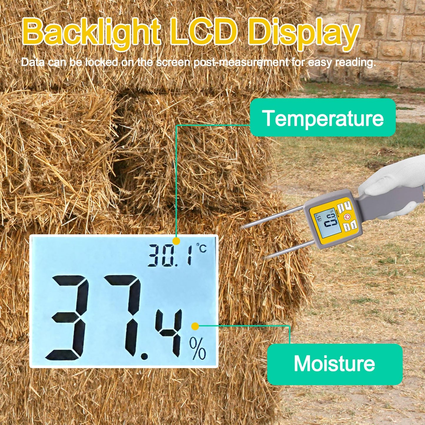 Hay Moisture Tester, Portable Hay Moisture Meter with Probe & Backlight LCD Display for Hay, Froage Grass, Leymus Chinensis, Alfalfa and Other Hays Moisture Testing