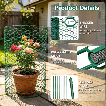 QURAS Plant Protectors from Animals, 32.8FT x 16IN Wire Plant Cage, 0.85mm Thick Vinyl Coated Garden Fence Kit with Stakes & Zip Ties, DIY Plant Guard for Rabbits, Squirrels, Deer, Vegetable Garden