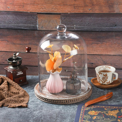 14" Large Handmade Sturdy Glass Cloche With Brown Beaded Wooden Base In Farmhouse & Cottage Style, For Terrarium, Trinkets, Cakes, Figurines (Brown, 10"x14")