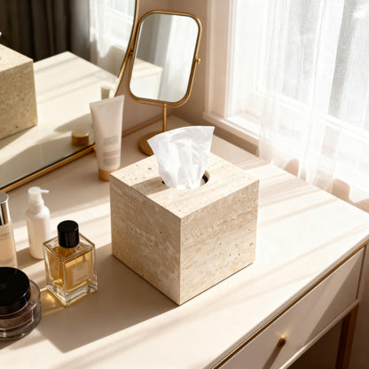 N NANSHOP Natural Travertine Marble Tissue Box Holder Cover, Square Cube Tissue Box Holder with Open Bottom for Bathroom Vanity Tops, Bedroom Dressers, Kitchen Countertop, Travertine Beige(NS022)