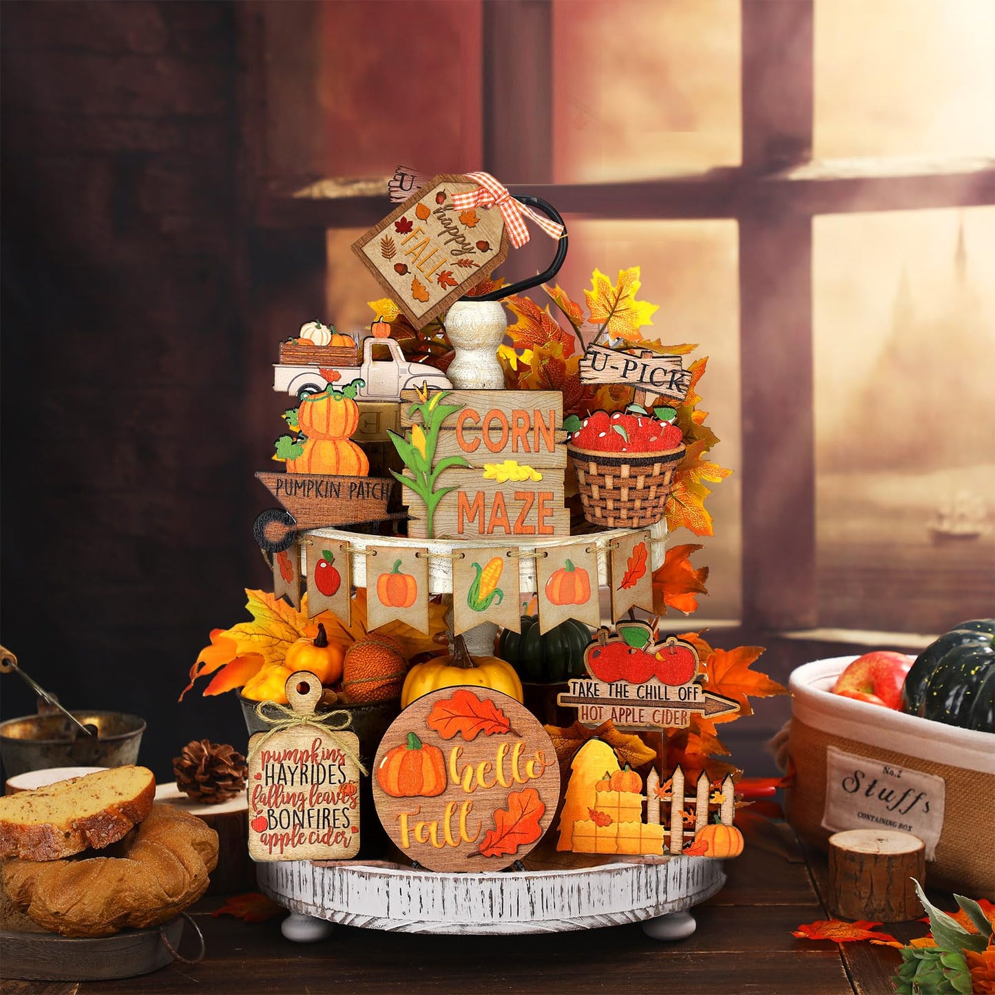 BBTO Set of 15 Fall Tiered Tray Decor Pumpkins Farmhouse Decor Autumn Maple Leaf Thanksgiving Table Centerpieces Harvest Wood Blocks Signs for Home(Harvest Style)