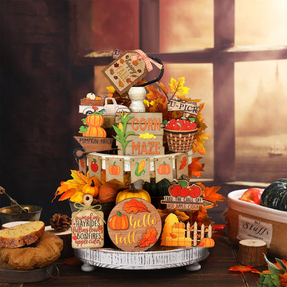 BBTO Set of 15 Fall Tiered Tray Decor Pumpkins Farmhouse Decor Autumn Maple Leaf Thanksgiving Table Centerpieces Harvest Wood Blocks Signs for Home(Harvest Style)