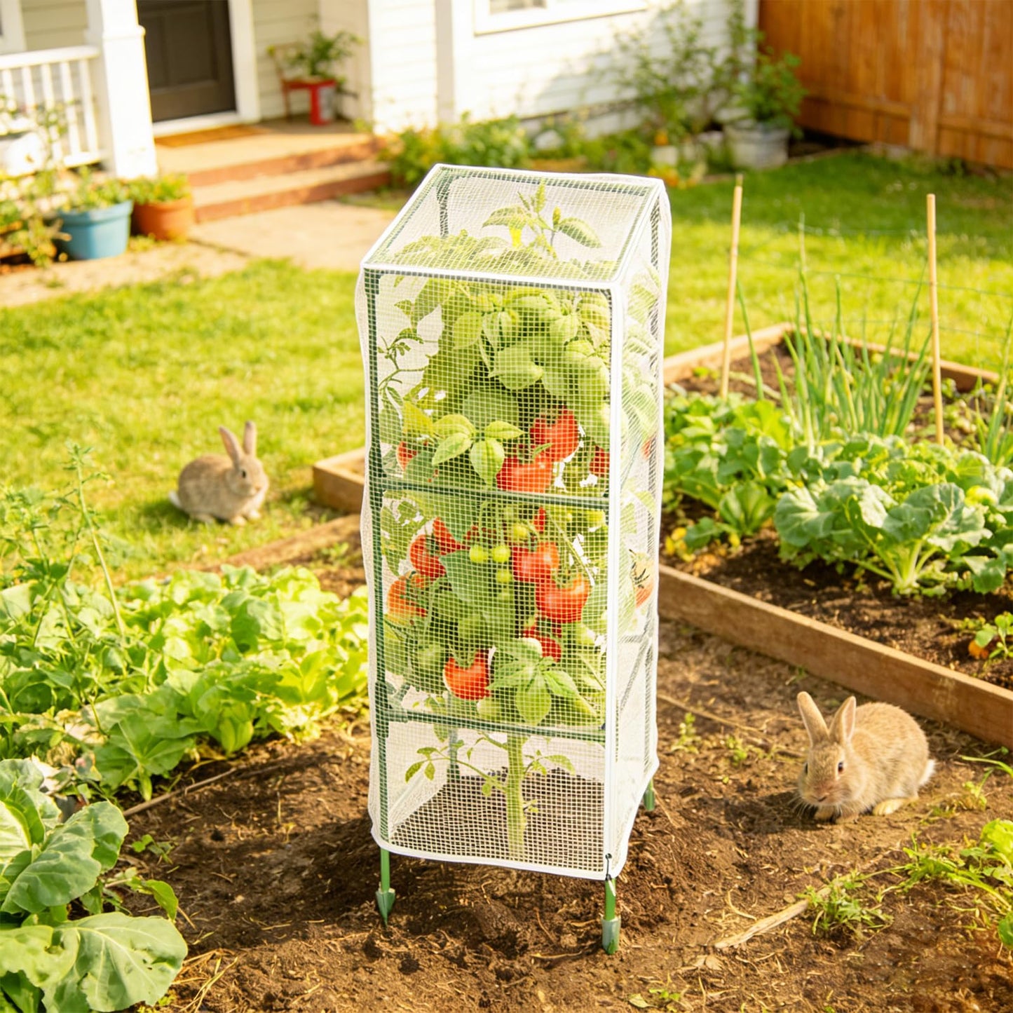 3Pack Garden Bird Netting for Square Tomato Cage, 59" x 18" Garden Netting Pest Barrier Mesh Plant Cover Tomato Cage Net with Zipper & Drawstring, Insect Barrier Tomatoes Protective Cover for Plants