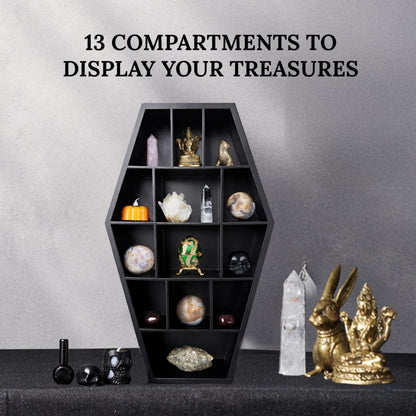 Gothic Curiosities Curio Coffin Shelf - Wooden Goth Decor for Display or Storage of Shot Glasses, Mini Figures, Rocks, and More - 17 by 9.75 by 2.75 Inches