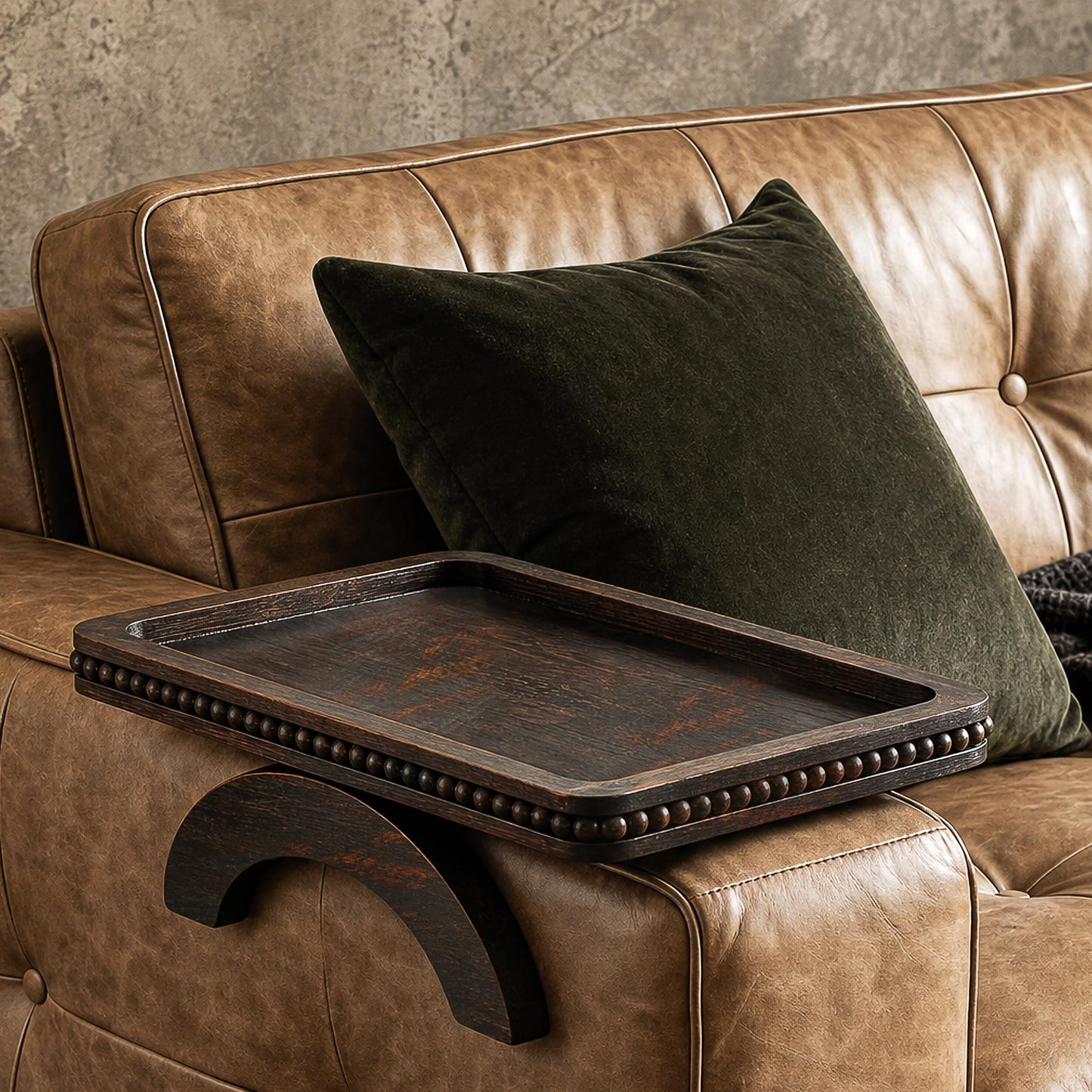 Pine Wood Sofa Arm Tray with Beaded Edge for Home Decor - Foldable Sofa Armrest Tray as Side Coffee Table - Anti-Slip Couch Armrest Trays for Putting Remote Control (Distressed Black,13"x9"x1")