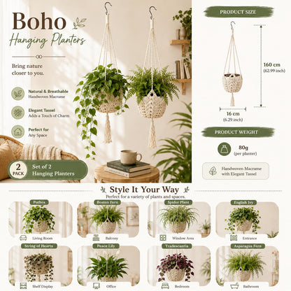 LAGWIUY 40 Inch Macrame Plant Hanger 2 Pack, White Hanging Planters with S-Shaped Hooks for Indoor Outdoor Plants, Home Decor