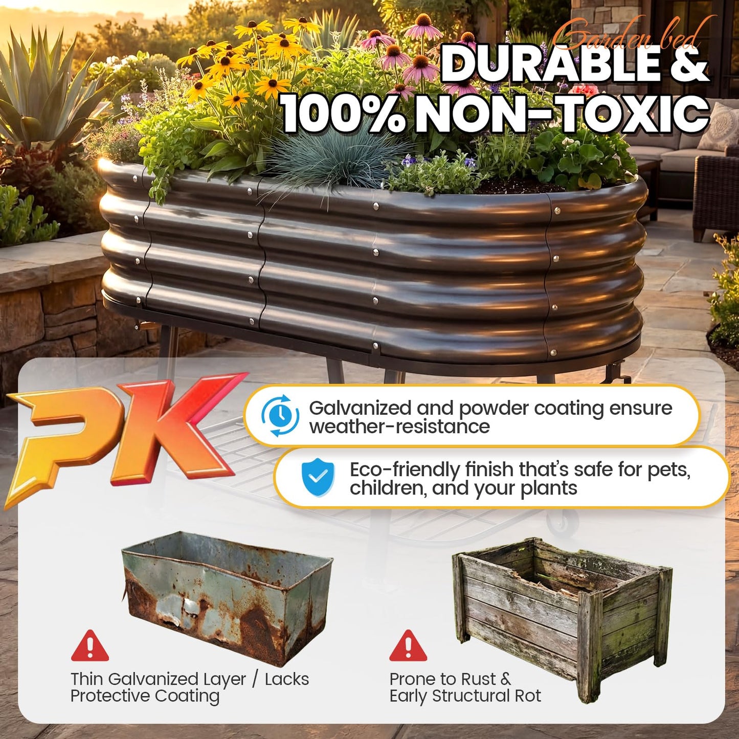 KING BIRD Large Raised Garden Bed with Legs Galvanized Elevated Planter Box 47.2x23.6x29.9 in for Backyard, Patio, Balcony, Dark Grey