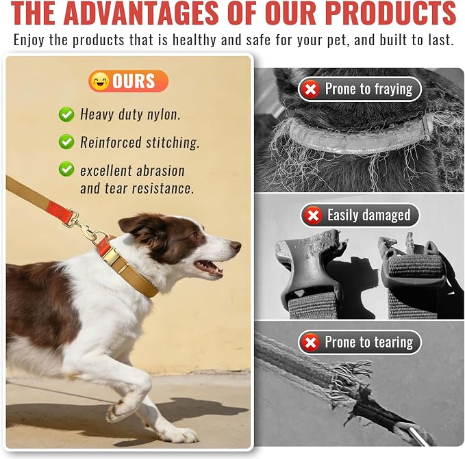 Dog Collar and Leash Set with Metal Quick Release Buckle, Adjustable, Breathable Nylon, Durable, Soft and Comfortable, No Pull for Walking and Training, Khaki, L (14.9"-22.8")