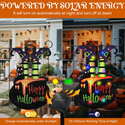 Neaonau Halloween Lighted Garden Flag for Outdoor 13 * 18 Inches Solar Witch Cauldron Flag with 8 Modes, Double Sided Halloween Decorations for Yards, Patios, Lawns, and Streets (Witch Feet)