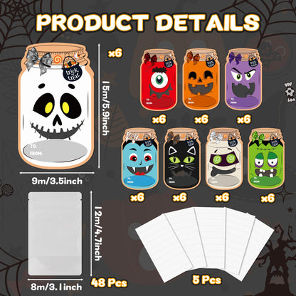 TICIAGA 48set Halloween Treat Bag Fillers with Gift Cards Happy Halloween Mason Jar Candy Holder for Kids DIY Halloween Skull Black Cat Candy Card Gifts Happy Halloween Trick or Treat Party Favors