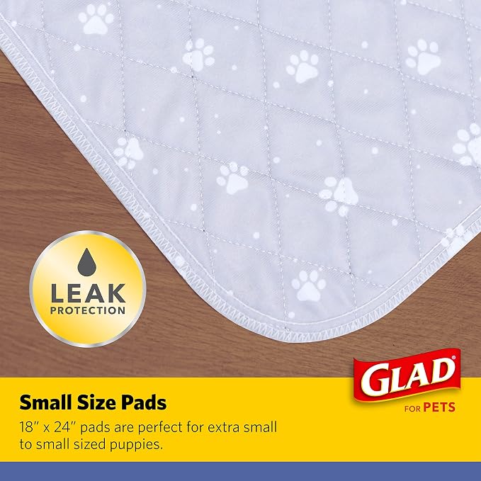 Glad for Pets Washable Dog Pee Pads, Small, 18 x 24 Inches, 2 Count, Gray with Paw Prints, 3-Layer Leak Protection, No-Slip Vinyl Bottom, Reusable Puppy Training Pads