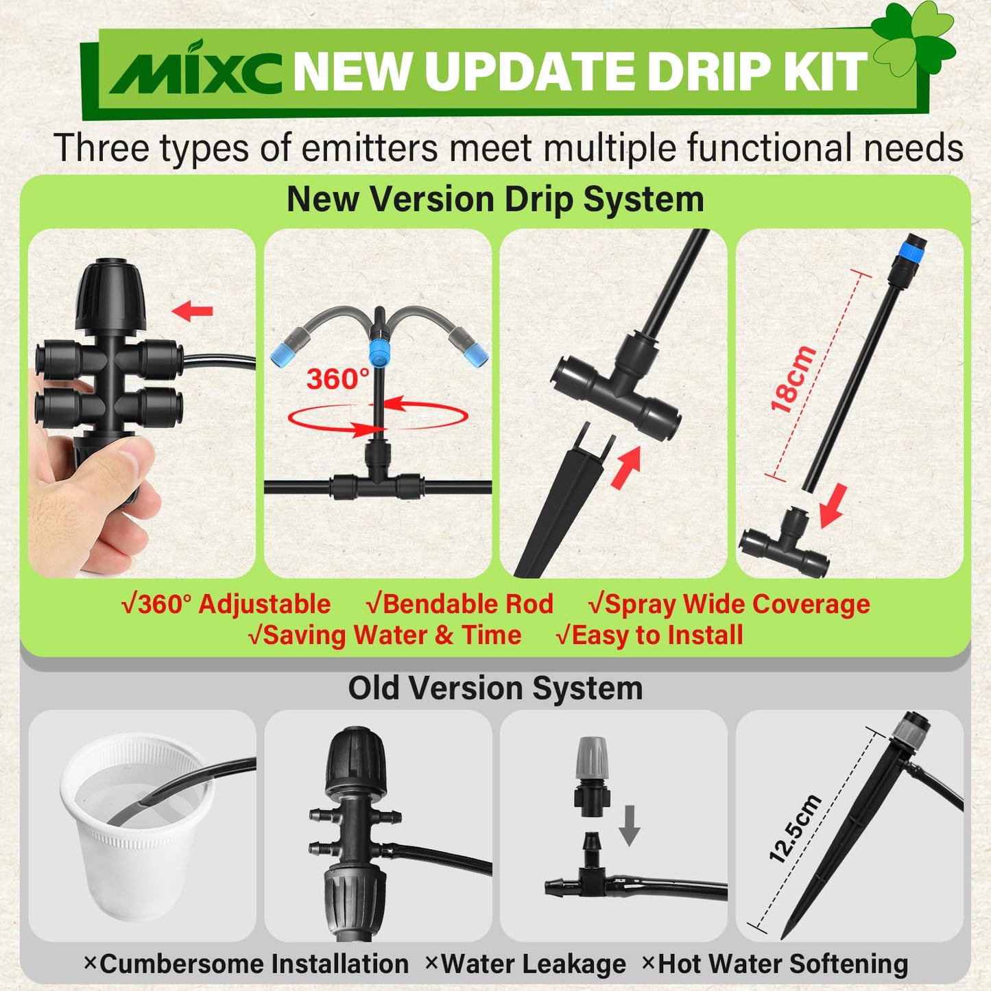 MIXC 2026-Upgrade 360° Adjustable Drip Irrigation System Kit, 200FT Bendable Watering Misting System with 3 Spray Nozzle Types, 1/2"(50FT) & 1/4"(150FT) Tubing for Garden Raised Bed Lawn & Greenhouse