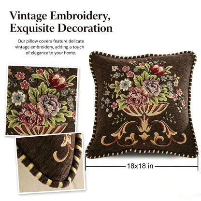 Qupace Set of 2 Brown Vintage Embroidered Throw Pillow Covers 18x18in,Floral Cushion Cover for Sofa Couch Bedroom,Coffee Pillow Covers